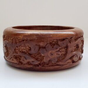 Beautiful Hand Carved Wood Wide Bangle Bracelet Floral Vines Texture 8" x 1 3/8"